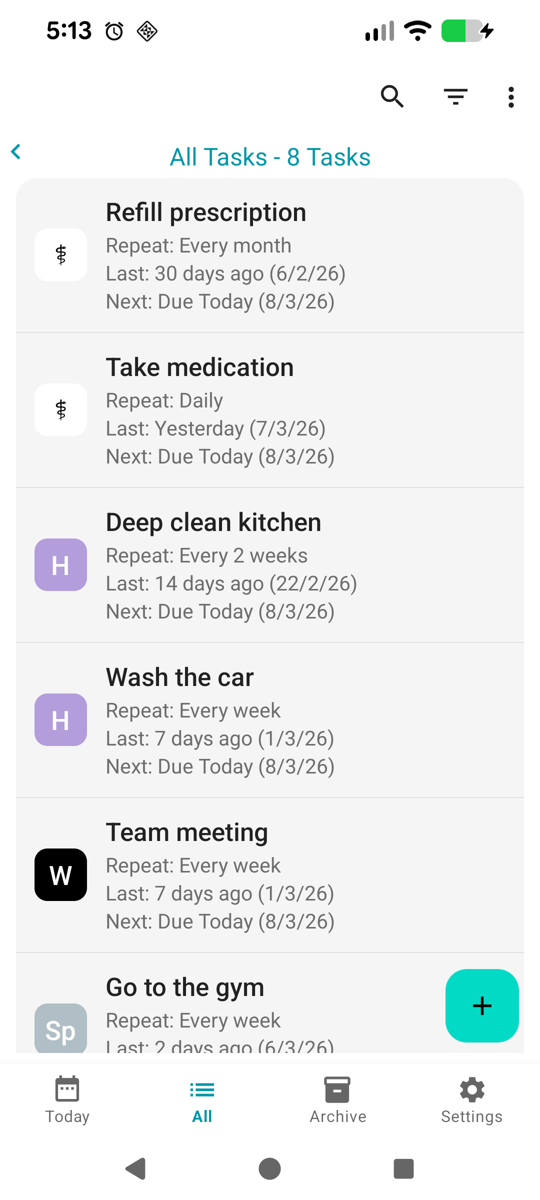 All Tasks screen