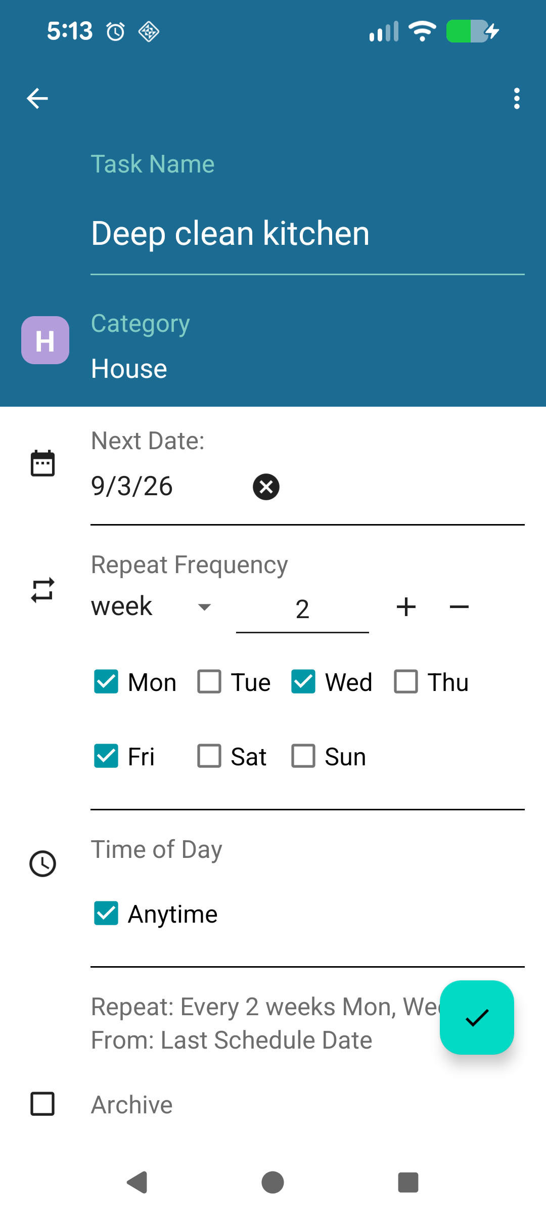 Biweekly task with Mon, Wed, Fri selected