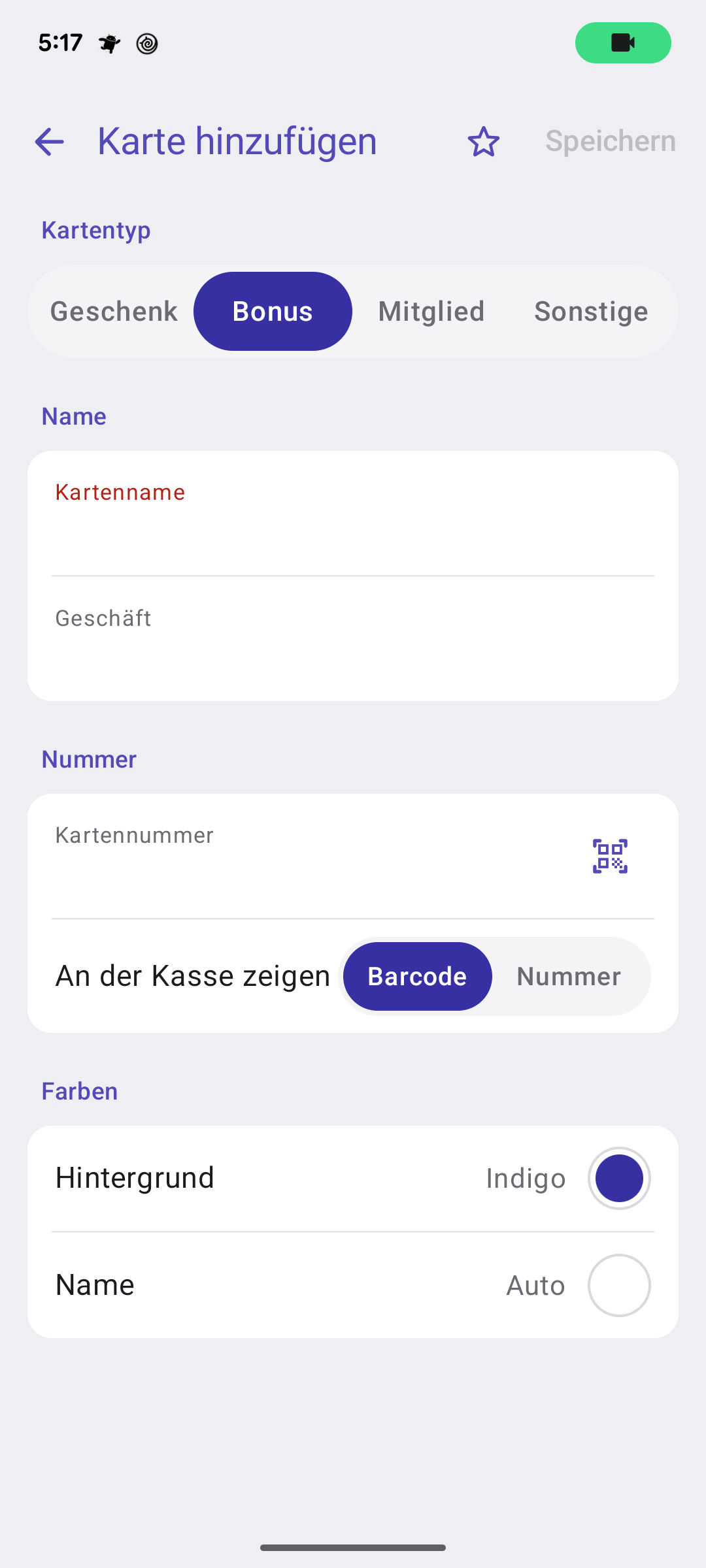Das Formular Karte hinzufügen: Chips für den Kartentyp, Name und Geschäft, Nummer mit Scan-Taste und die Farben