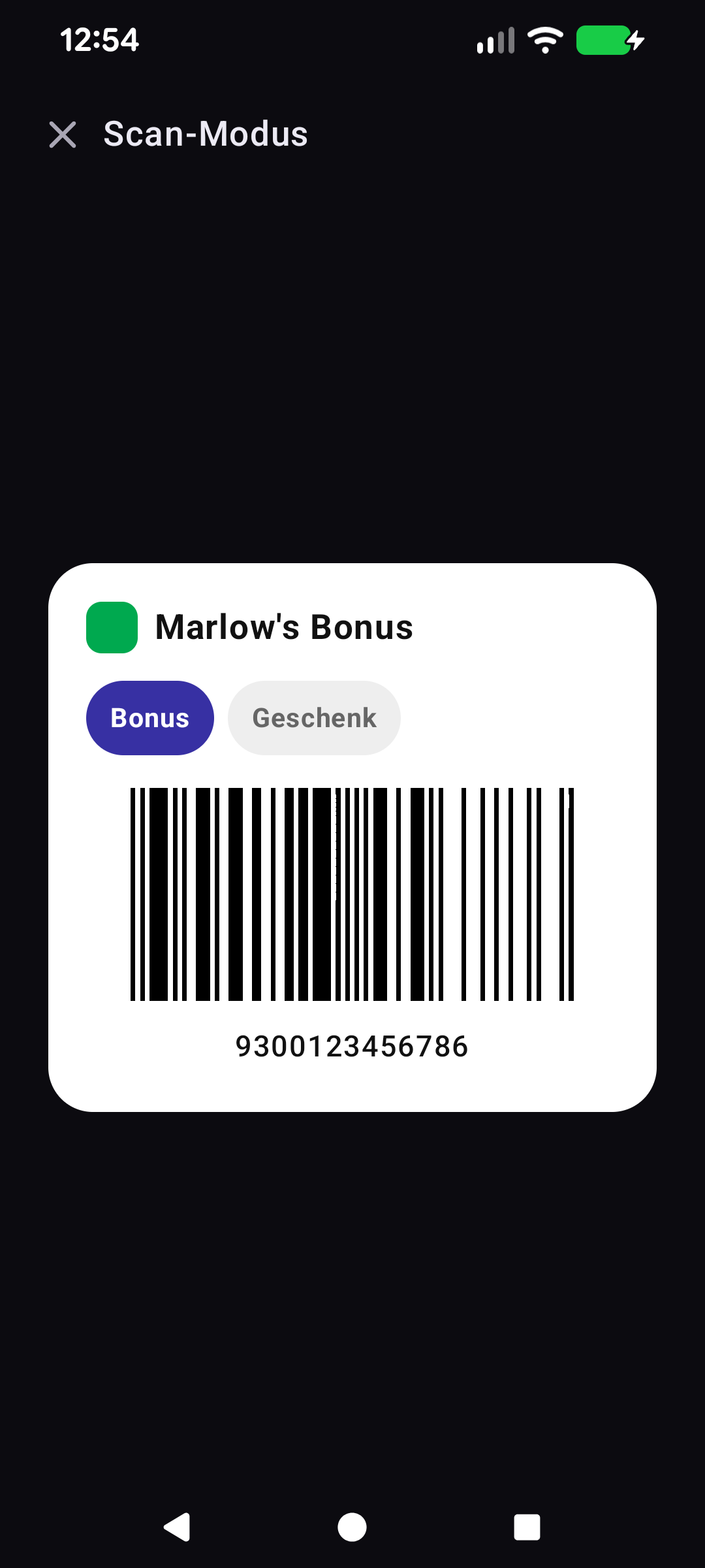 Scan-Modus mit einem Rewards-Barcode auf dunklem Hintergrund