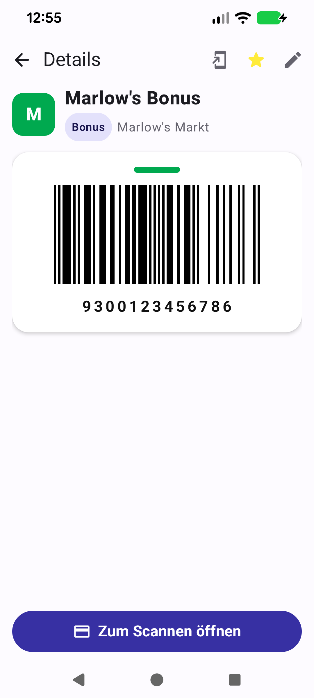 Kartendetail mit Barcode und Schaltfläche „Zum Scannen öffnen