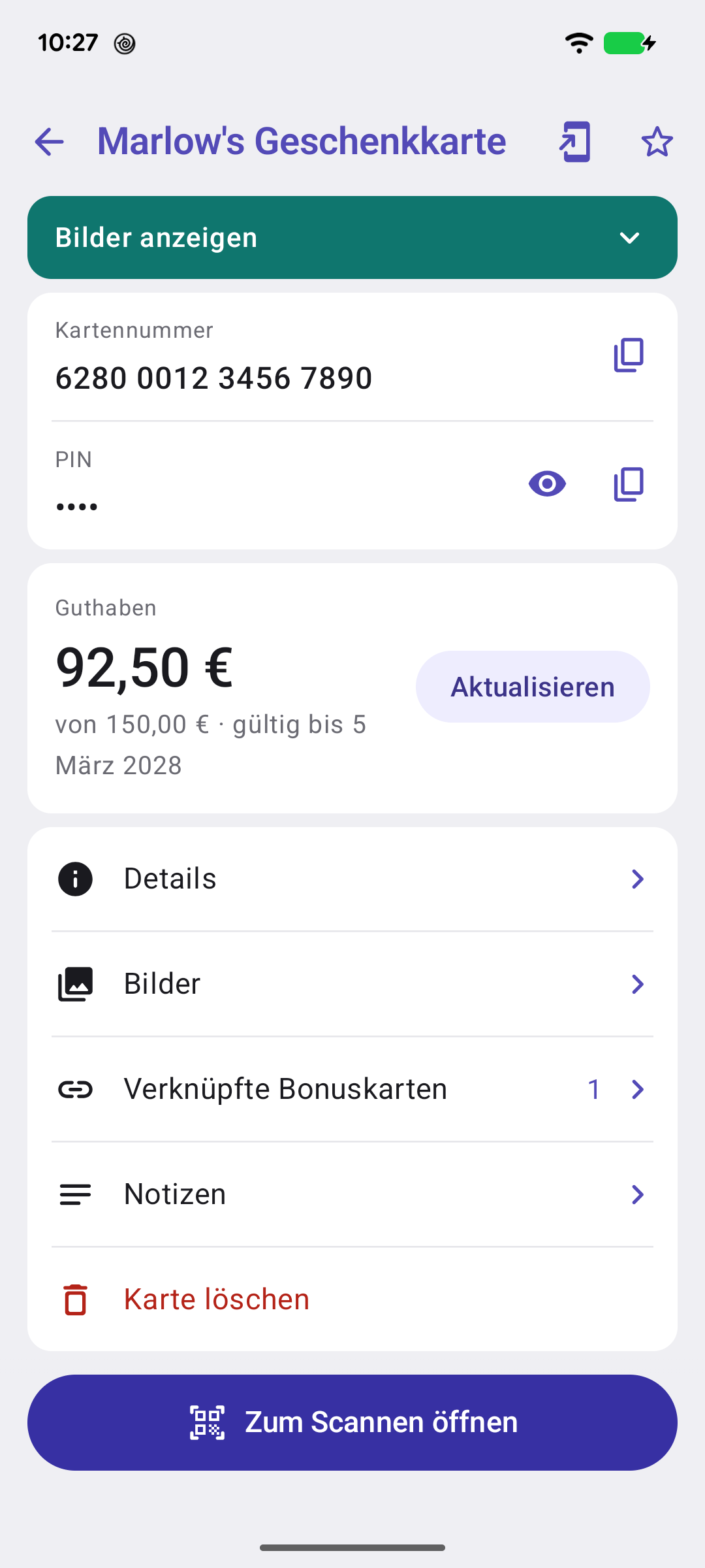 Eine Geschenkkarte am Kartenbildschirm: Nummer, PIN, Guthaben vom Startbetrag, Ablaufdatum und verknüpfte Bonuskarten