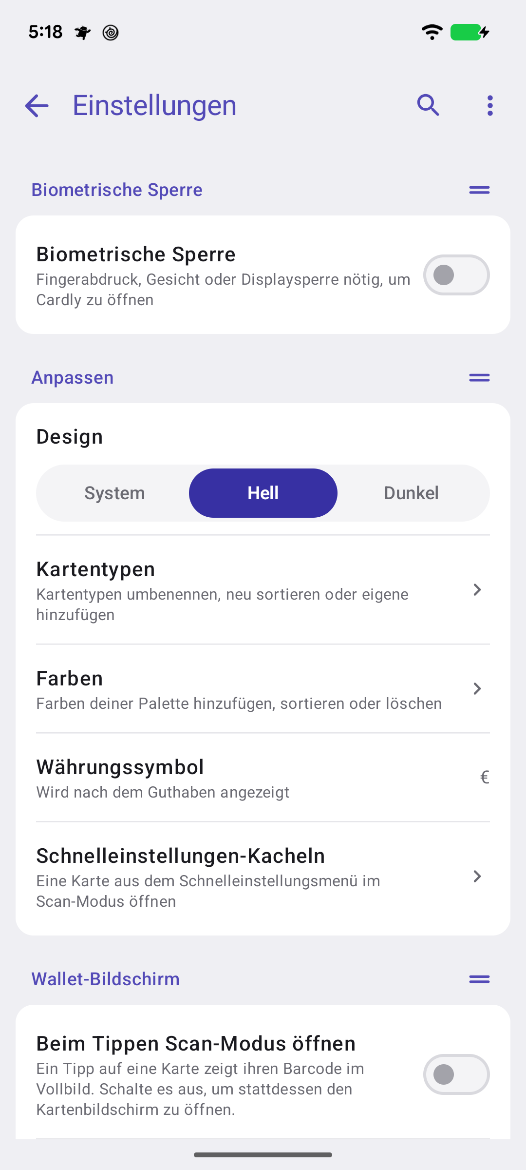 Der Bildschirm Einstellungen: die Gruppen Biometrische Sperre, Anpassen und Wallet-Bildschirm, jede eine Karte mit Zeilen