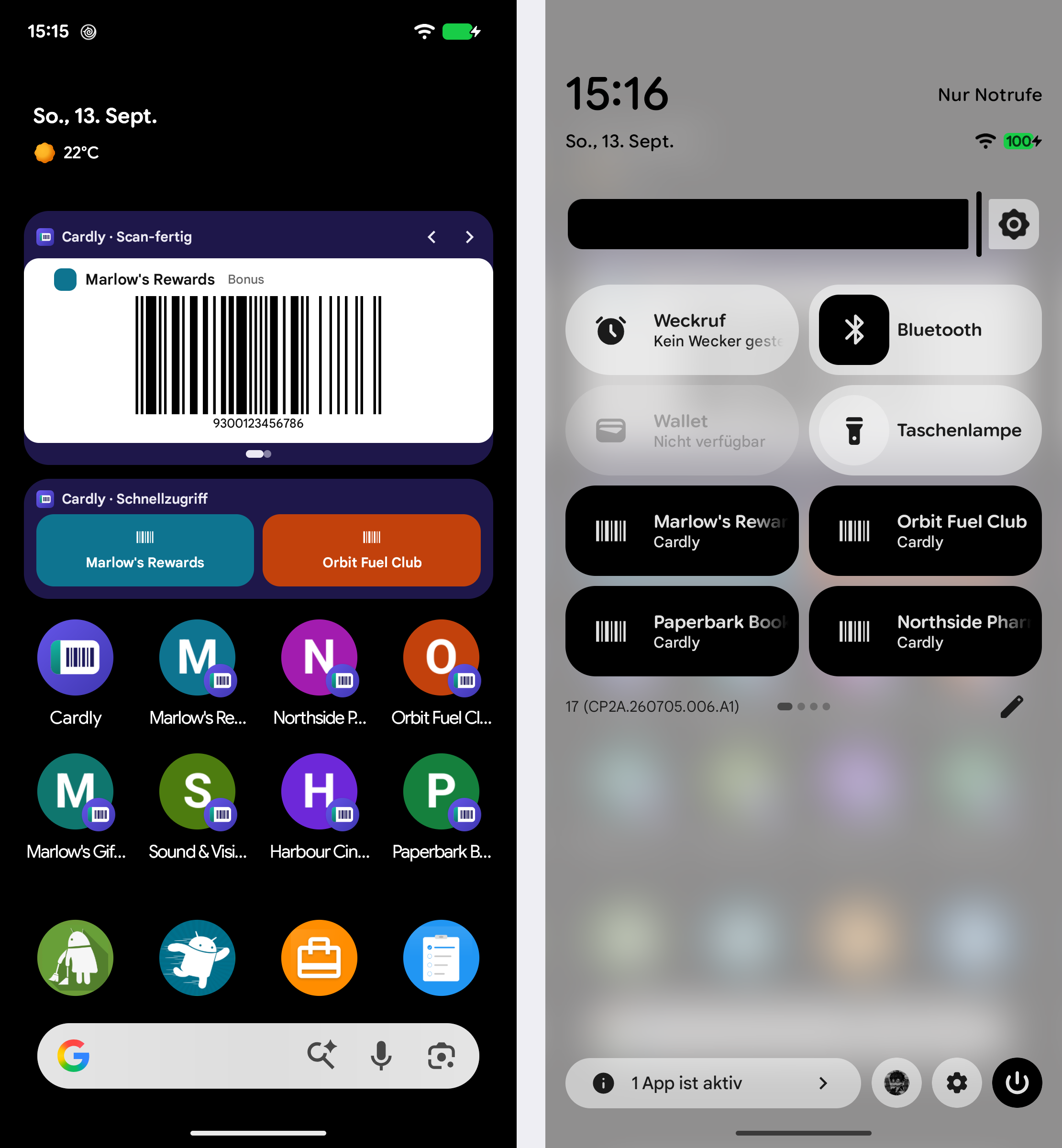 Links der Startbildschirm mit den Widgets Scan-fertig und Schnellzugriff; rechts das Schnelleinstellungen-Menü mit vier Cardly-Kacheln