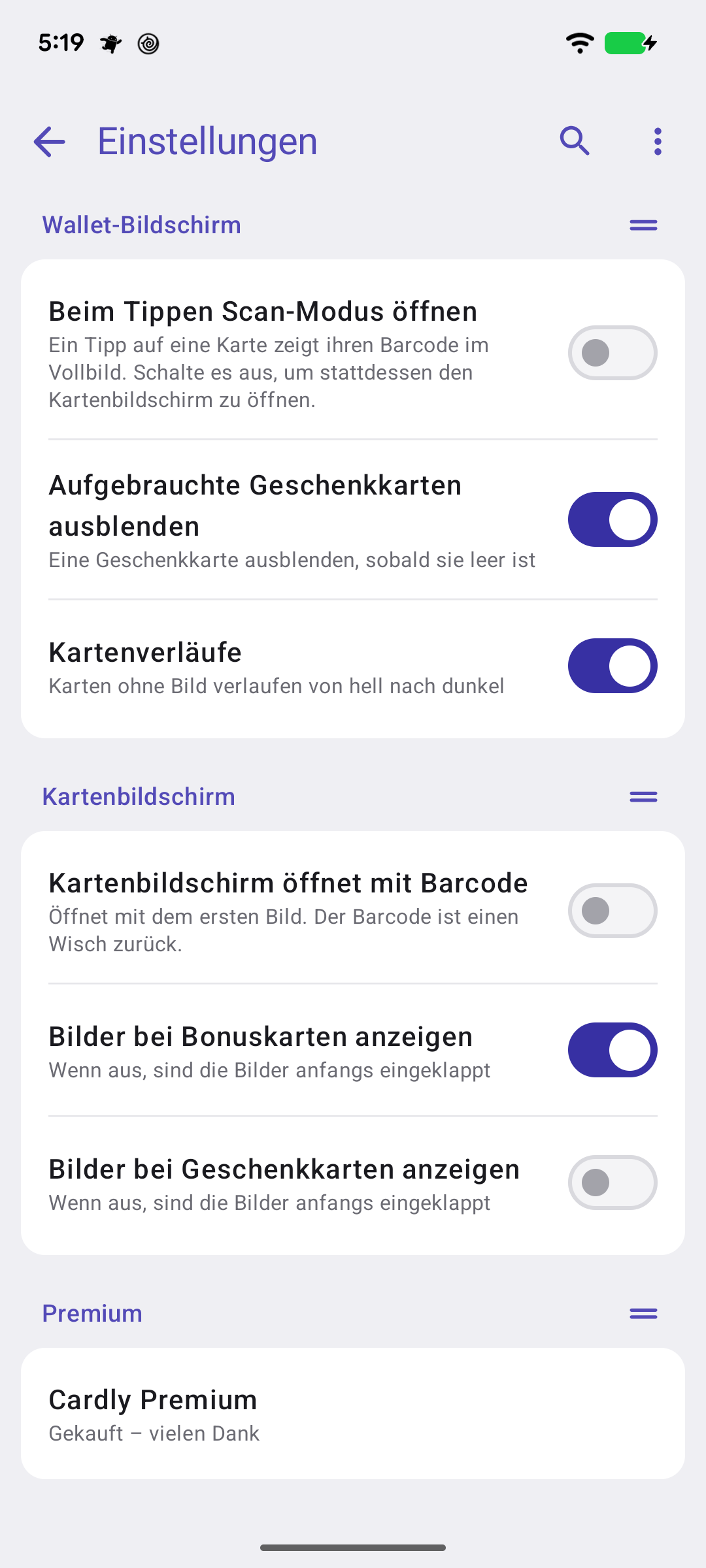 Der Bildschirm Backup und Wiederherstellung: Tägliches Auto-Backup an, Auf Google Drive sichern, Letztes Backup und Aus Google Drive wiederherstellen