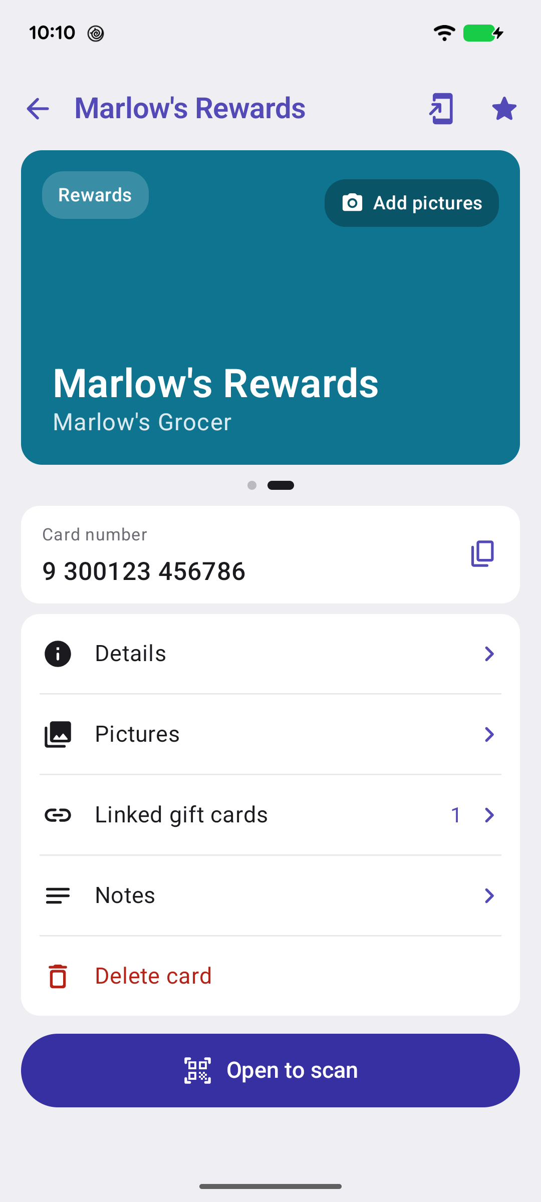 The card screen: the barcode at the top with page dots, the card number, and the Details, Pictures and Linked gift cards rows