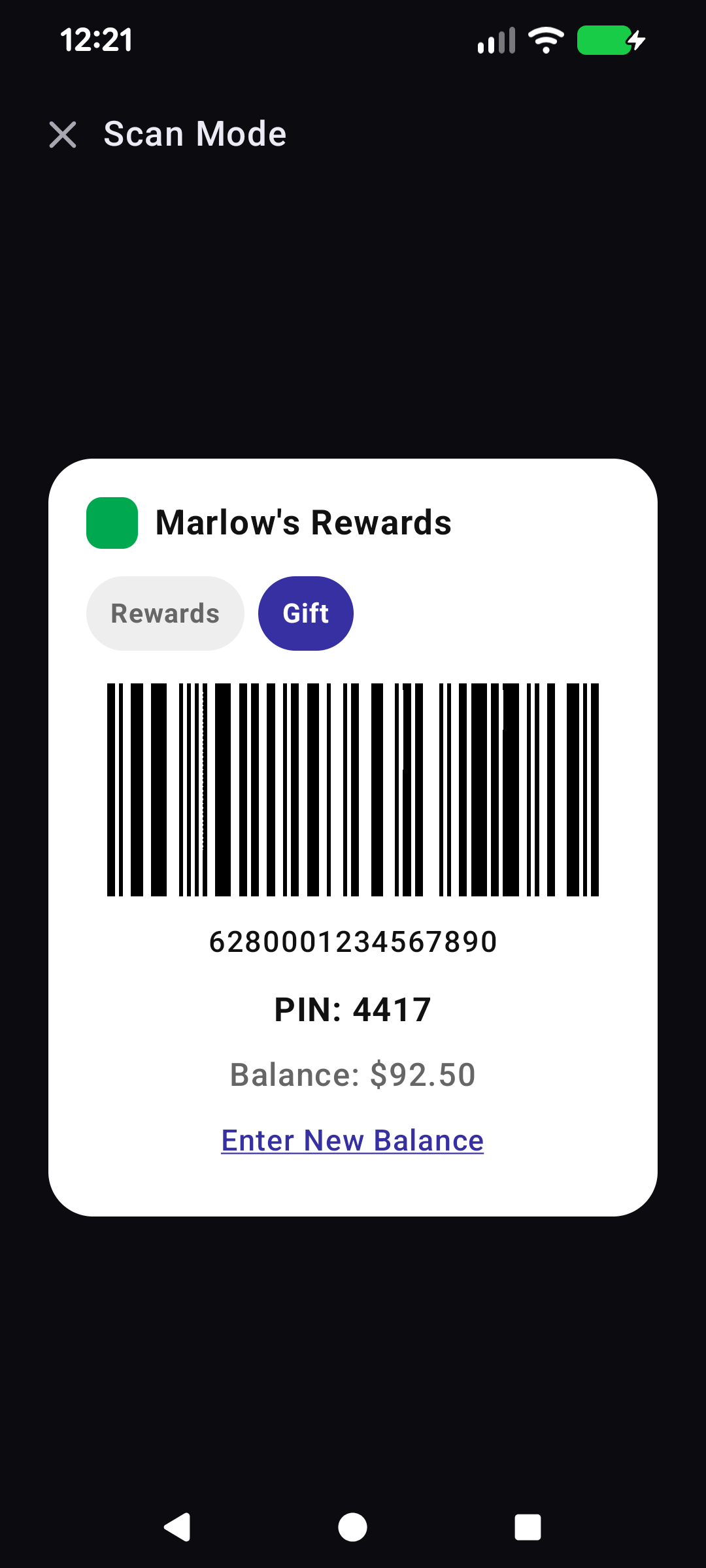 Scan Mode flipped to the Gift chip, showing PIN and balance