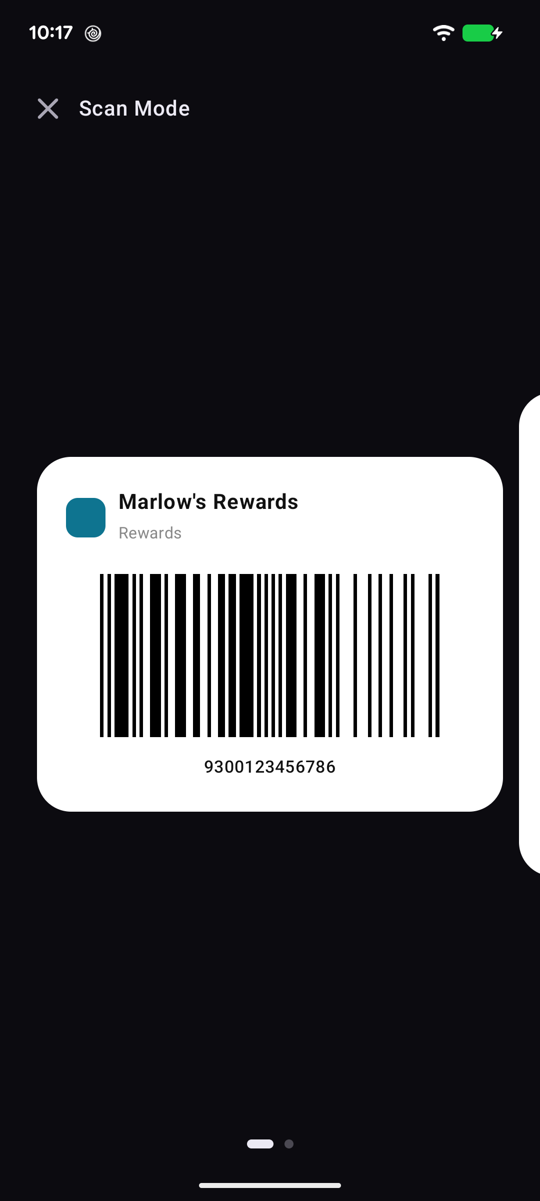 Scan Mode: a rewards card barcode on a white panel against a dark screen, with page dots below