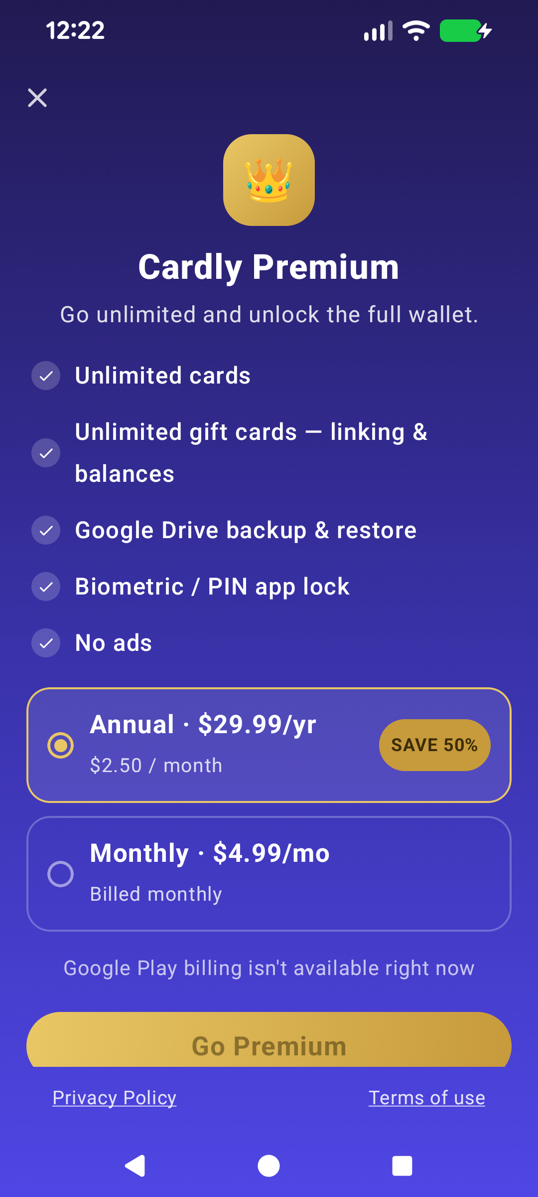 Cardly Premium screen listing five features and two plans