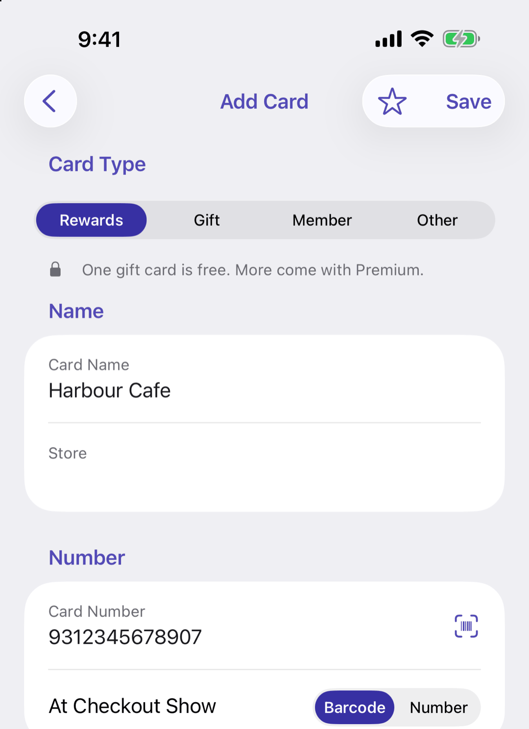 Add Card: the Card Type picker with Rewards, Gift, Member and Other, the Card Name and Store fields, and the Card Number with At Checkout Show set to Barcode