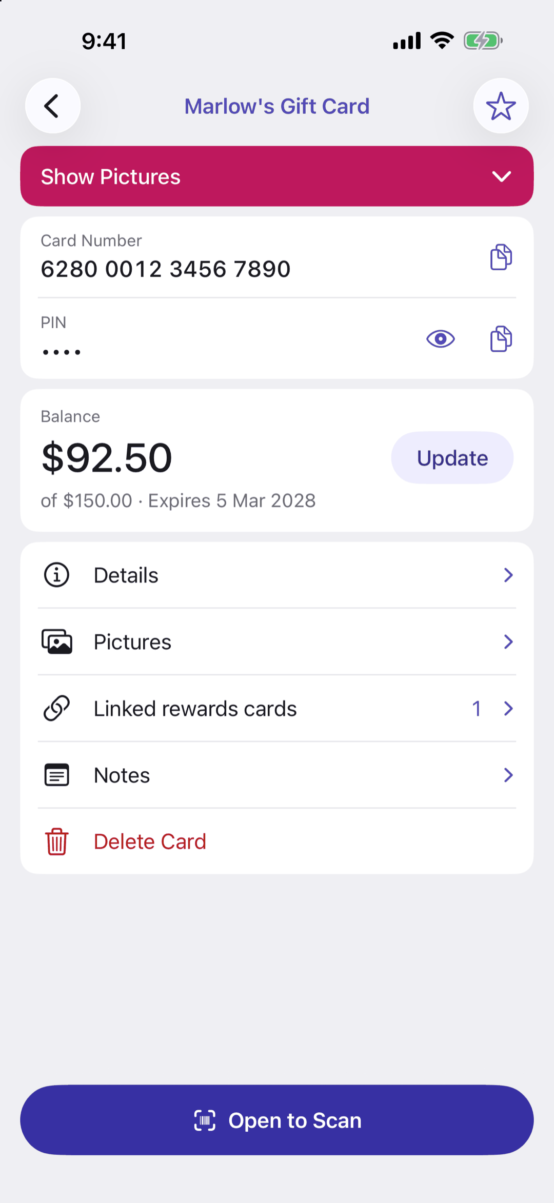 A gift card: the Show Pictures strip, Card Number and hidden PIN with show and copy buttons, a Balance of $92.50 of $150.00 expiring 5 Mar 2028 with an Update button, and the rows