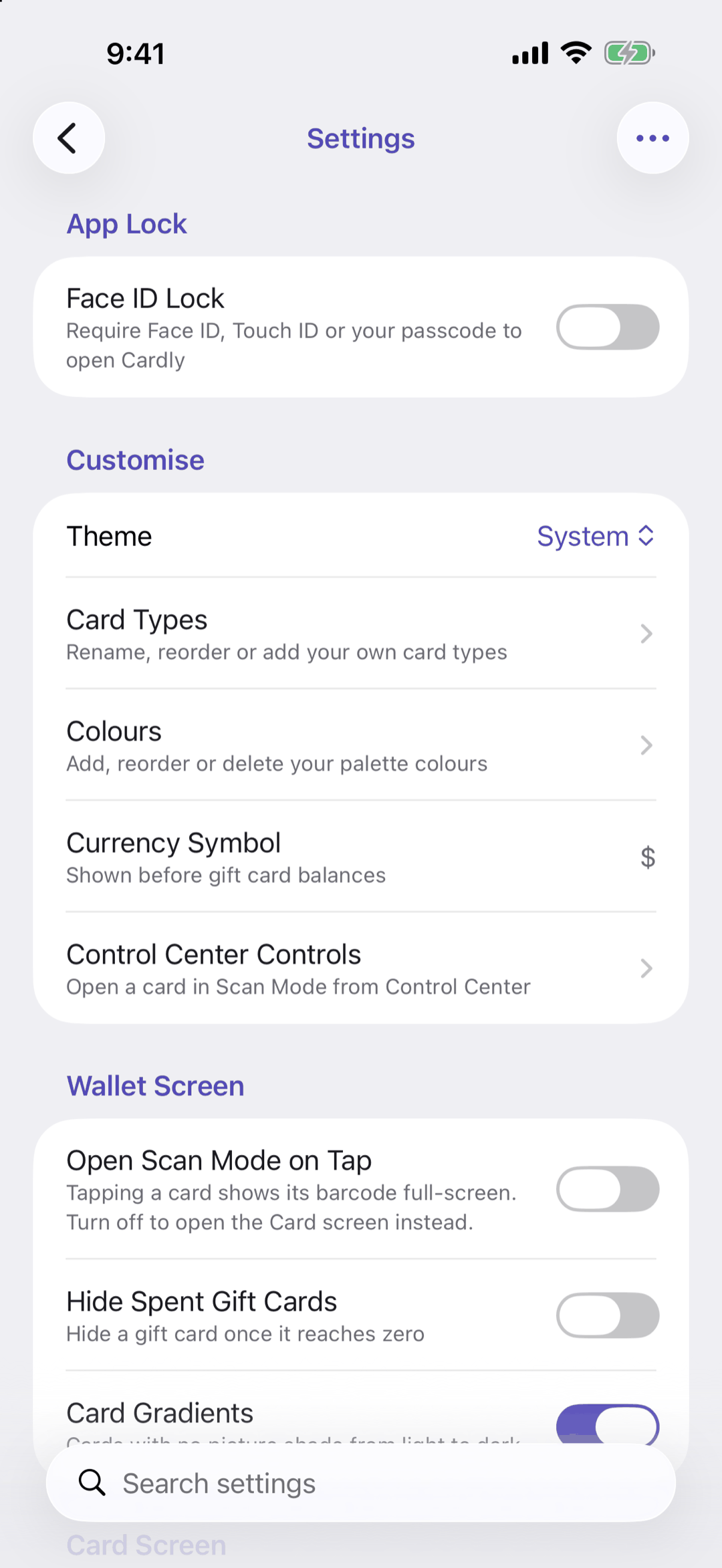 Settings: App Lock with Face ID Lock, Customise with Theme, Card Types, Colours, Currency Symbol and Control Center Controls, and Wallet Screen with Open Scan Mode on Tap, Hide Spent Gift Cards and Card Gradients