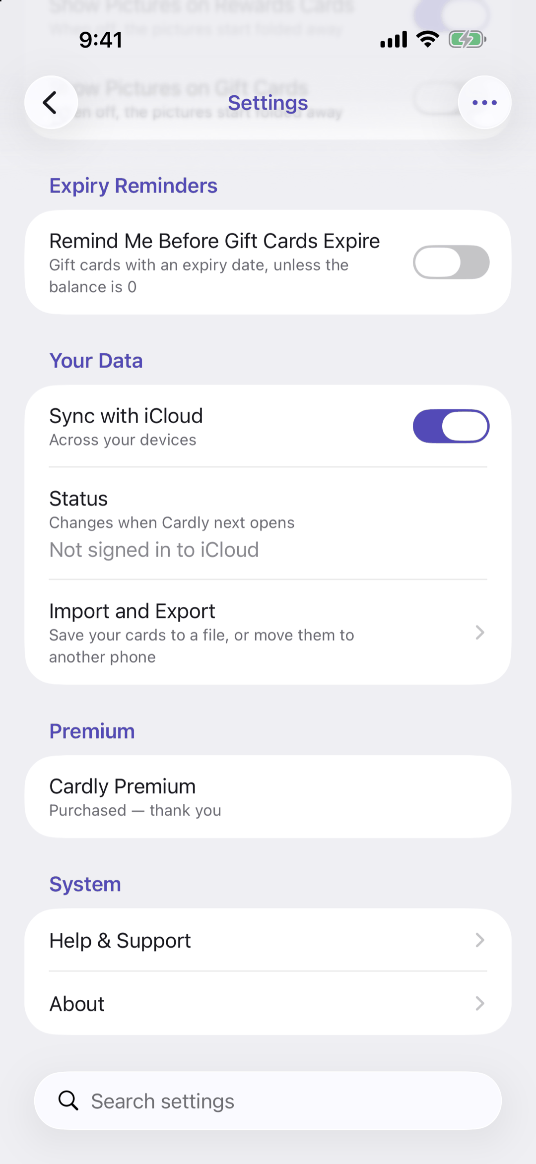 Settings: Expiry Reminders, then Your Data with Sync with iCloud, Status (Not signed in to iCloud) and Import and Export, then Premium and System