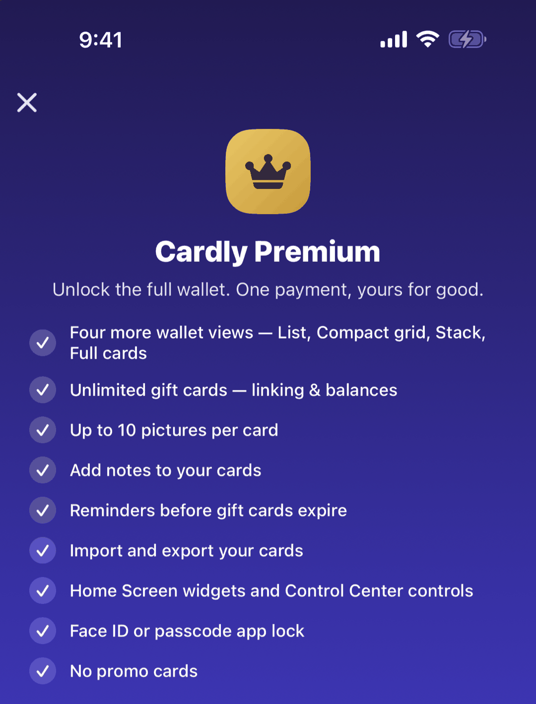 Cardly Premium: Unlock the full wallet. One payment, yours for good, and the list of Premium features