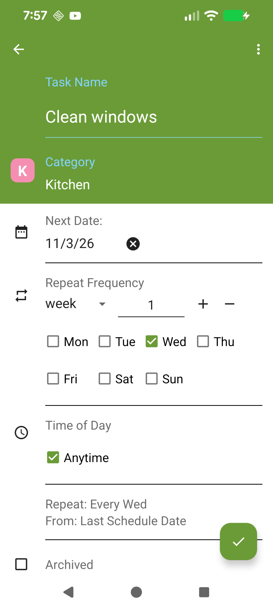 Weekly task with Wednesday selected
