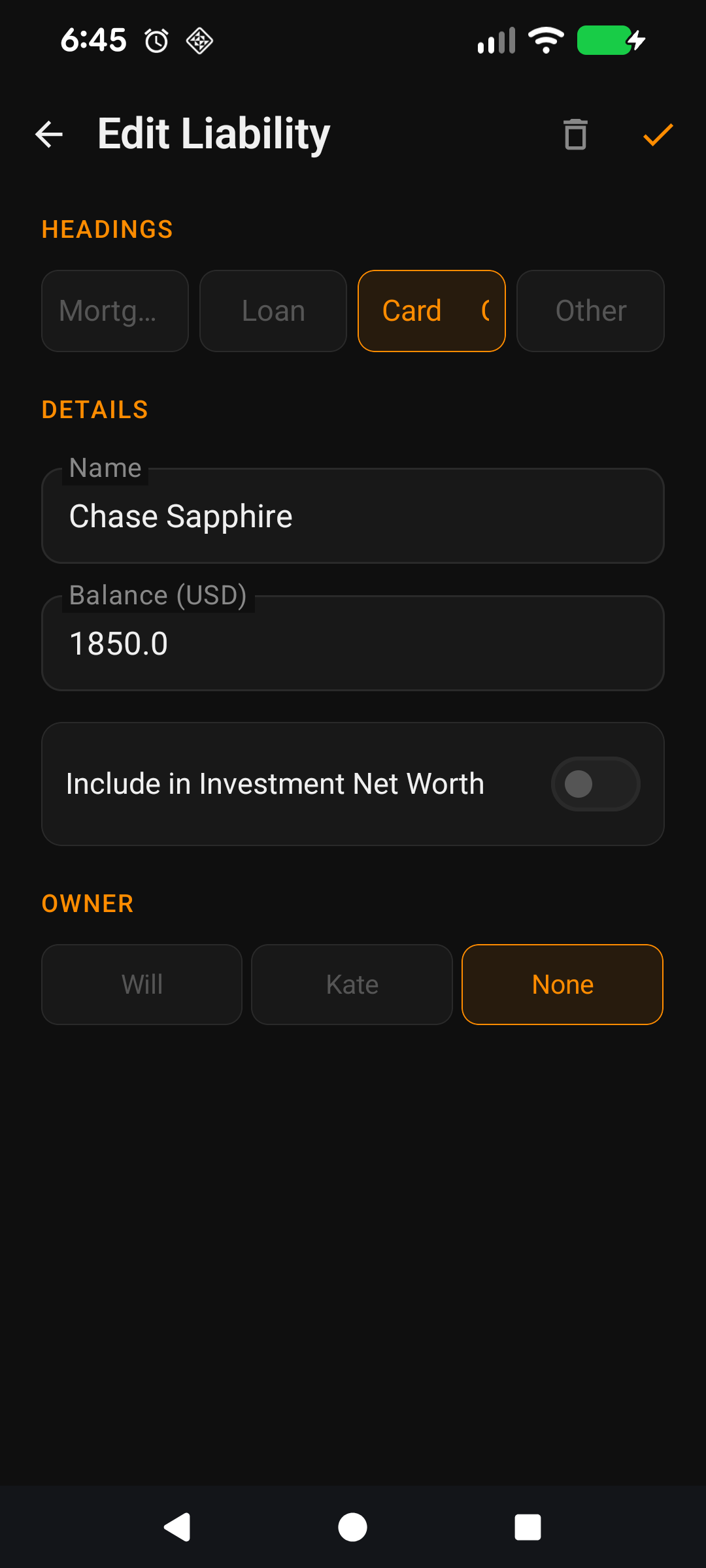 Is Investment Liability toggle on Add Liability