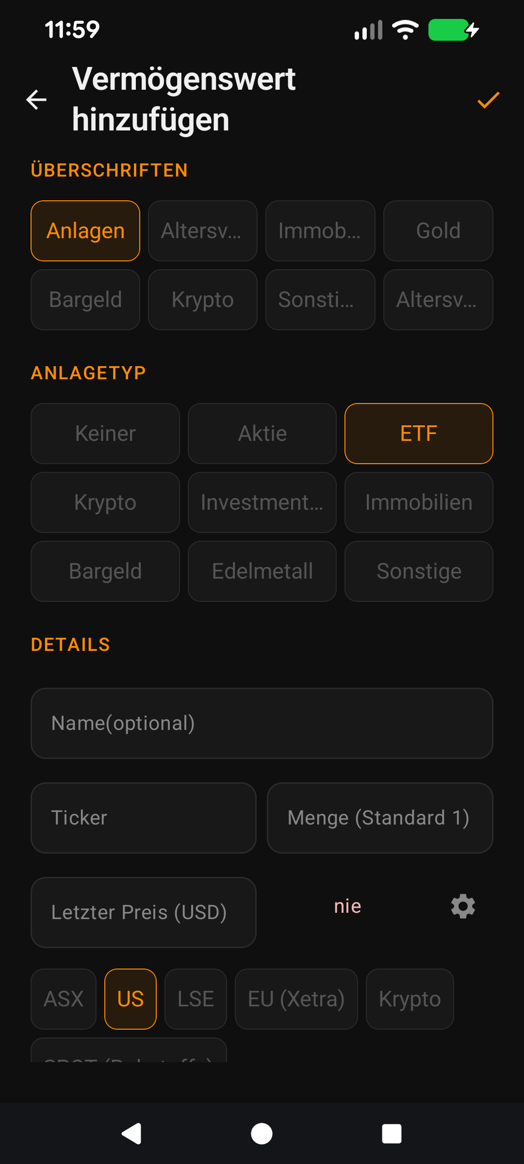 Einen Vermögenswert hinzufügen, vom Ticker zur Summe