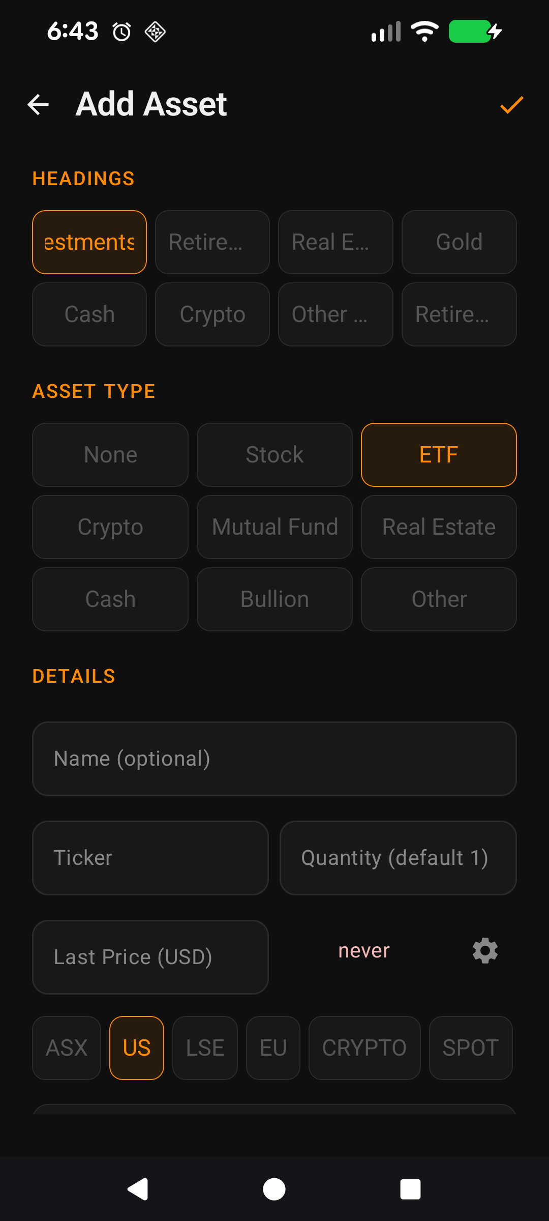 Adding an asset, from ticker to total