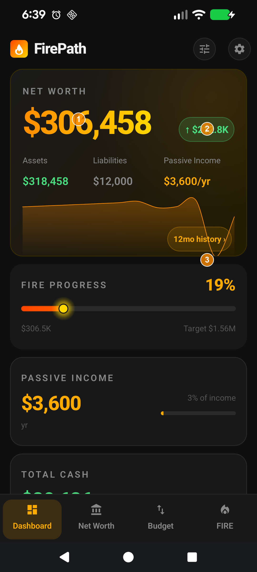 Dashboard hero with net-worth number and monthly-change chip