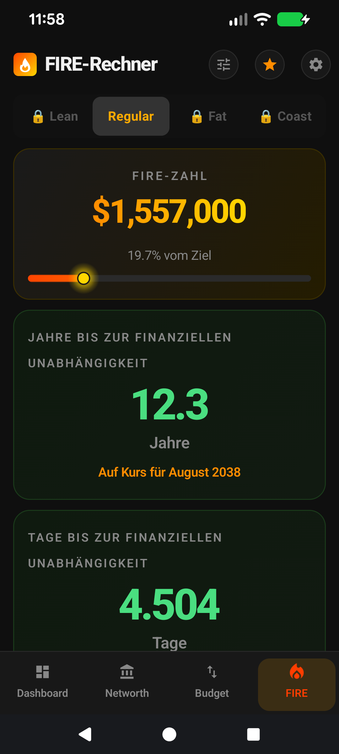 Lean-FIRE-Tab mit berechnetem Ziel