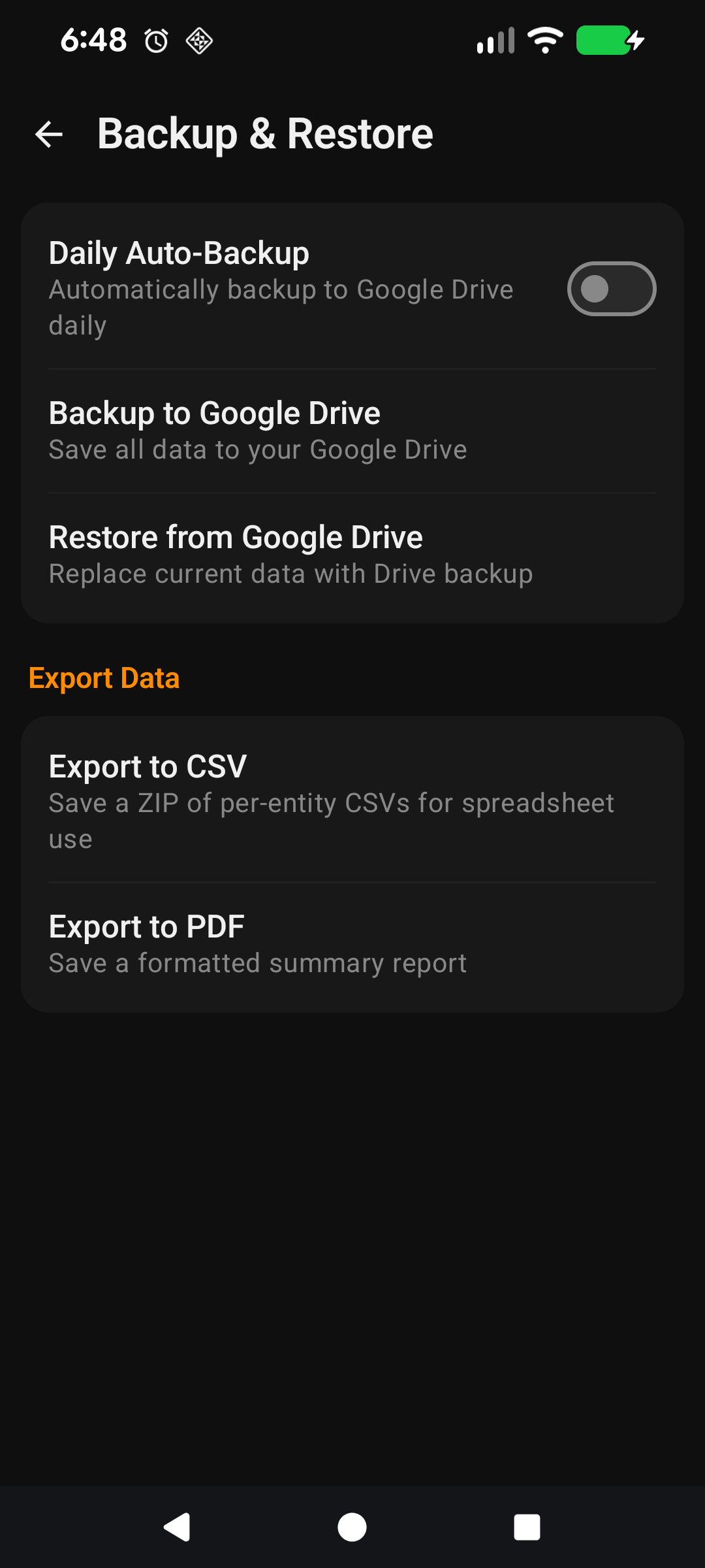 Auto-backup toggle with Google account picker