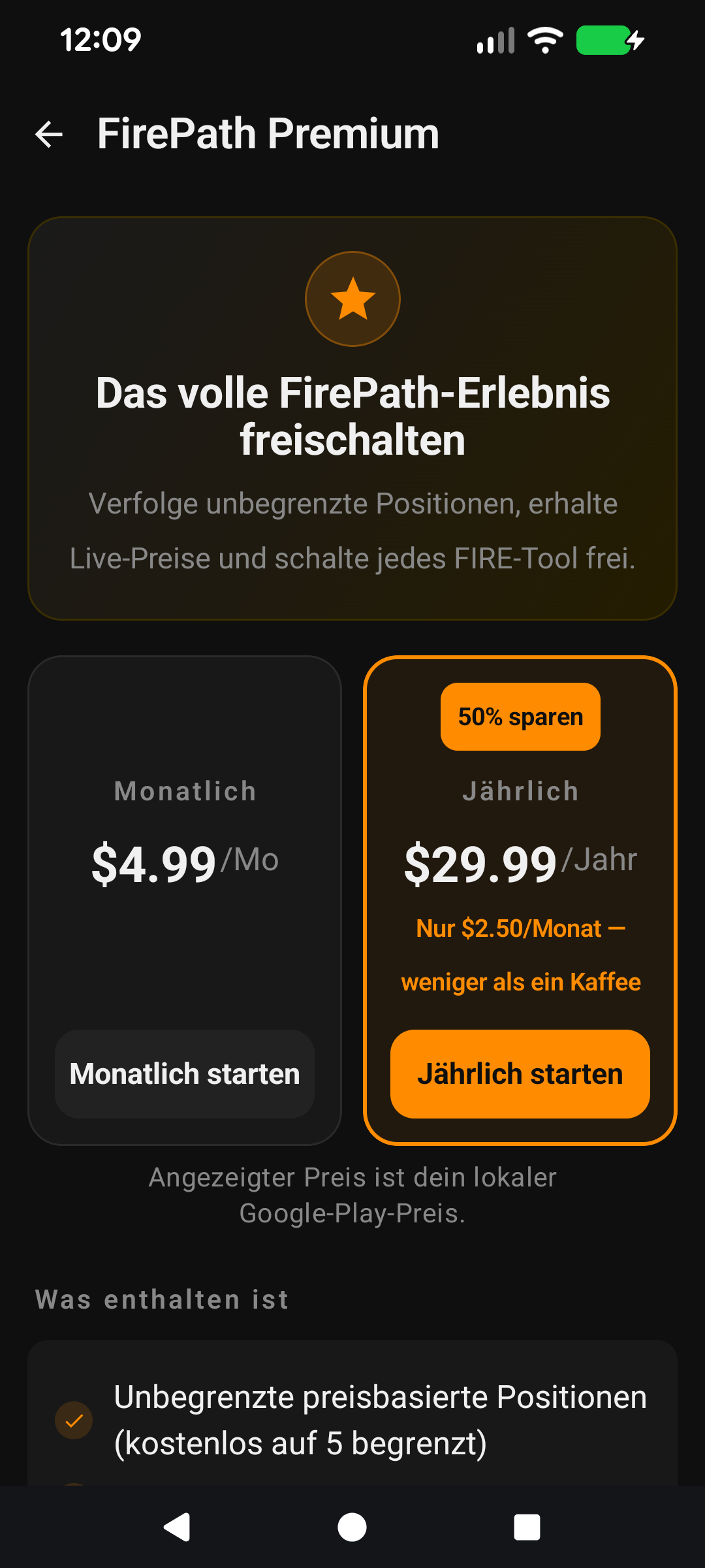 Upgrade-Bildschirm mit Funktionsliste und Preisen