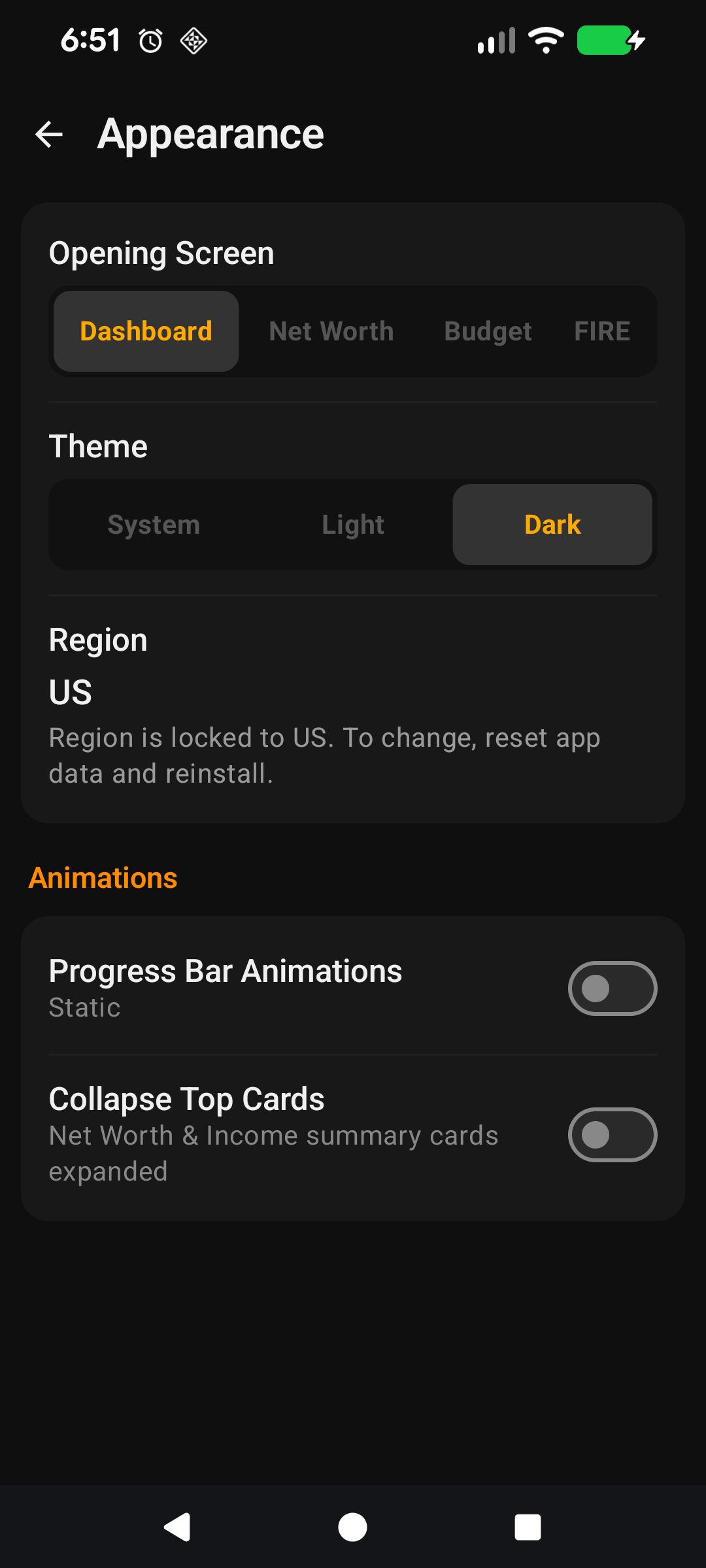 Opening Screen dropdown