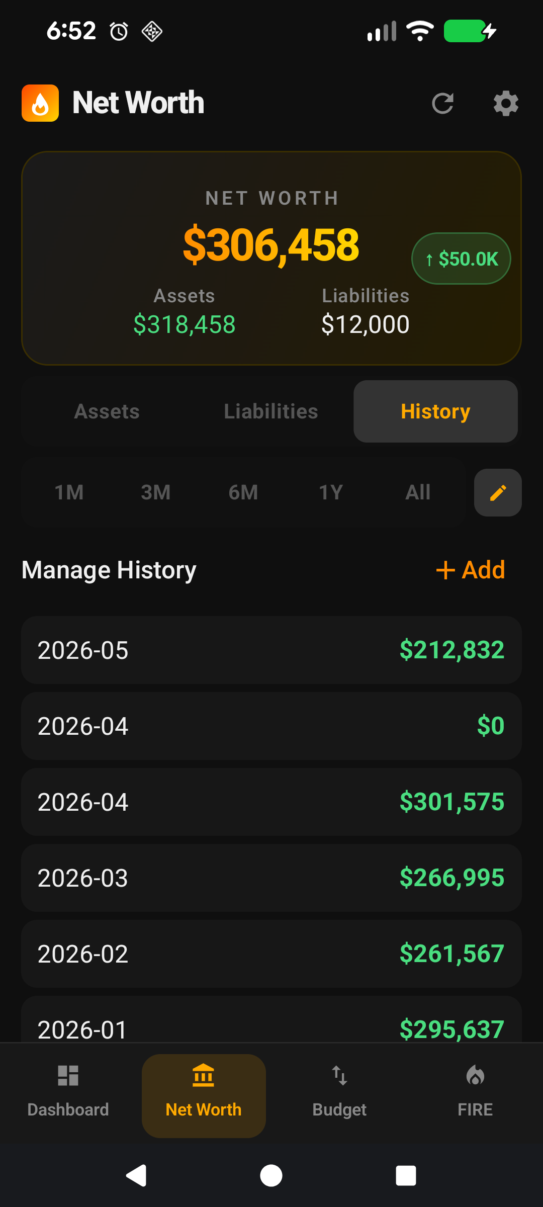 History tab in Manage History mode showing the snapshot list